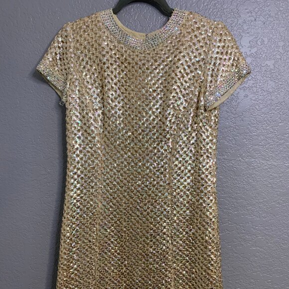 Vintage Mod Gold Knit Sequin Lined Rhinestone Collar Shift Dress Pat Sandler - Picture 1 of 10